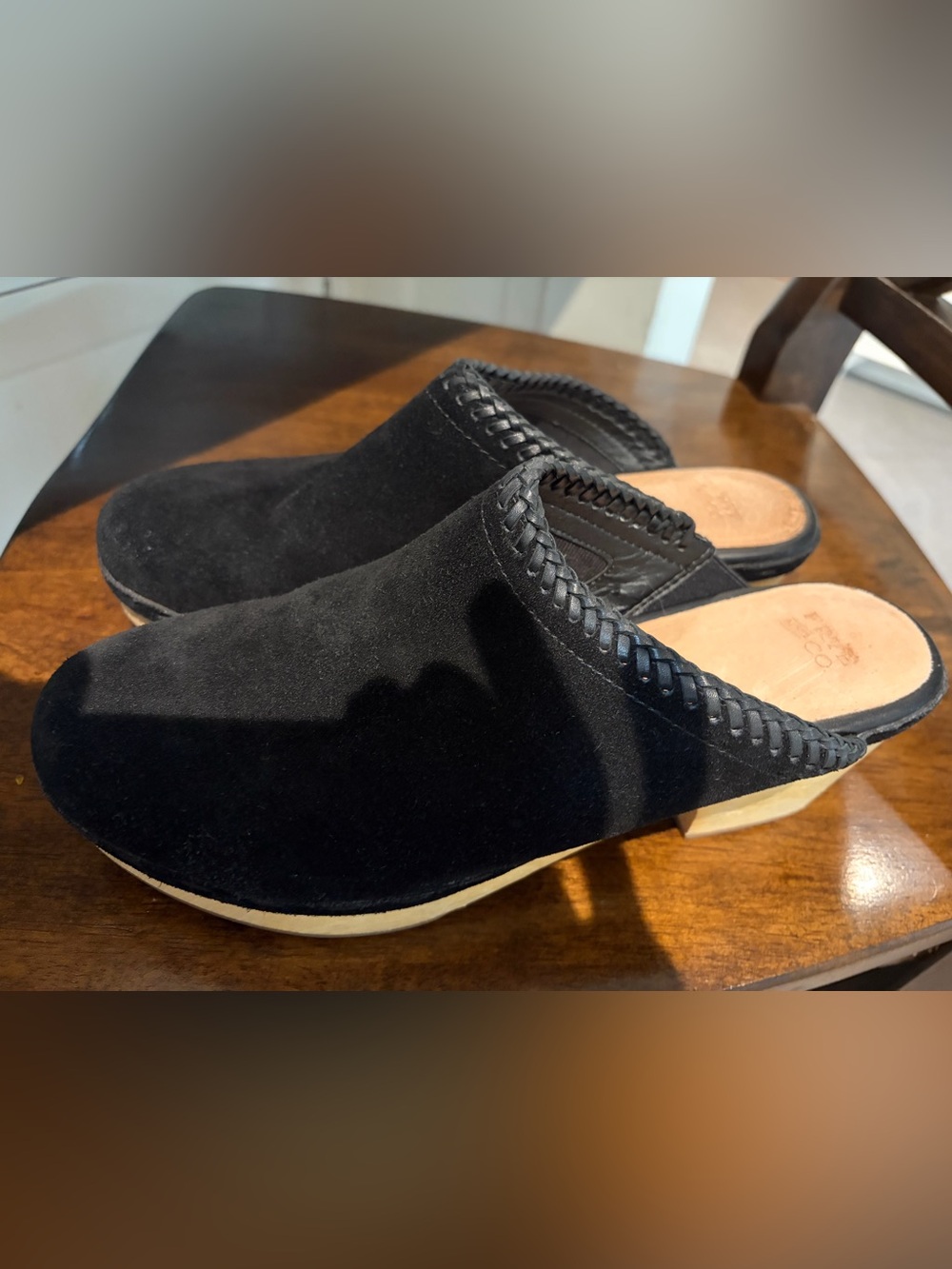 Frye Black Suede Braided-Trim Slip-On Clogs